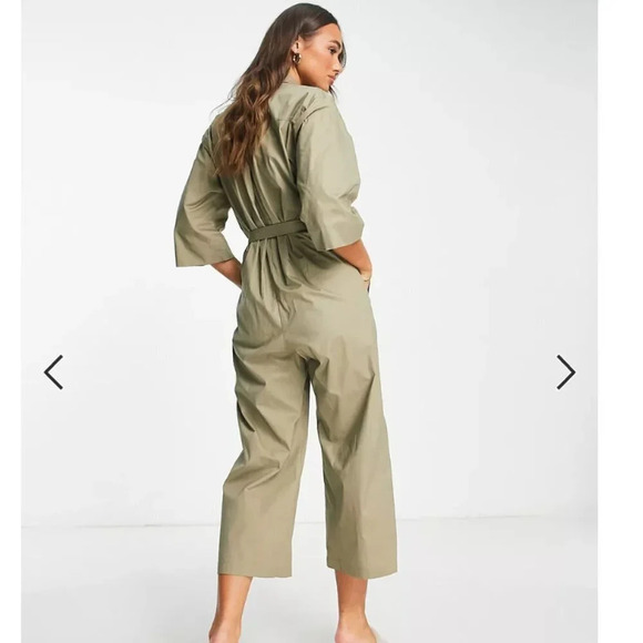 Mango Boilersuit Belted Tie Waist Jumpsuit Army Green Khaki Size XS NWT - Picture 3 of 10